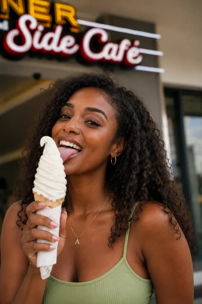 Girl licking a vanilla soft serve ice cream in a cone at Burger Box